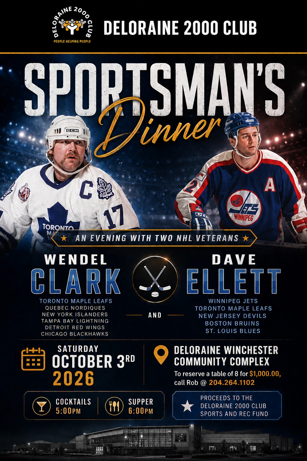 2026 Sportsman's Dinner poster: Wendel Clark and Dave Ellett, Saturday October 3, 2026 at the Deloraine Winchester Community Complex